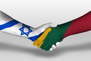 Handshake between lithuania and israel flags painted on hands, illustration with clipping path.