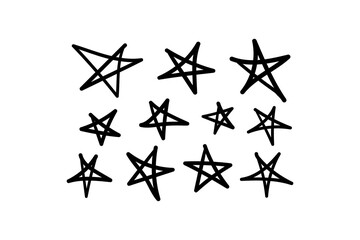 Obraz premium Vector set of hand drawn stars. Black stars isolated on white background. Grunge art and doodle style brushes.