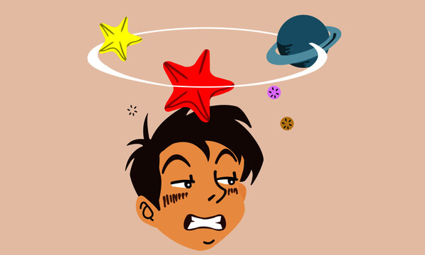 Dizziness, seeing stars rising above his head. The face shows stupor. Stars that whirls over the head.