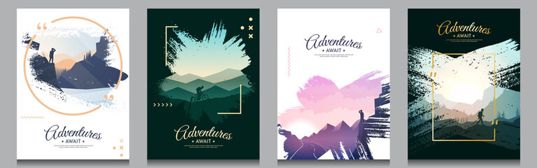 Vector brochure cards set. Travel concept of discovering, exploring and observing nature. Paint ink brush overlay. Flat design template of flyer, magazine, book cover, banner, invitation, poster.