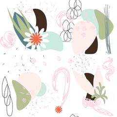 Graphic elements for creating a design. Modern and trendy abstract stripes, strokes, geometric shapes, floral decor elements. Seamless pattern