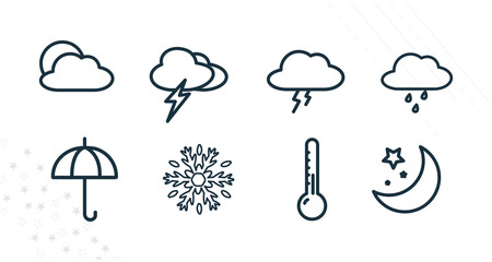 Weather forecast line icon set with sun, rain, clouds, sun