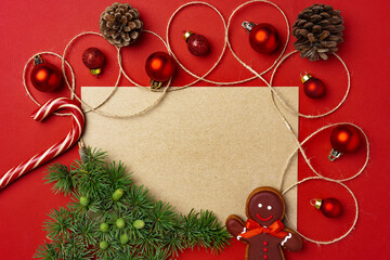 Red christmas baubles with blank page mock up for greeting card