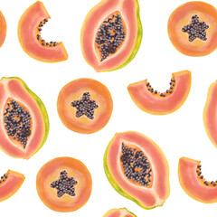 Hand drawn watercolor illustrations of orange papaya fruits seamless pattern