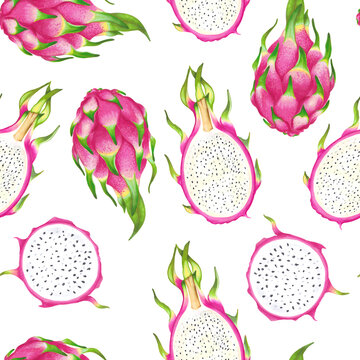 Hand drawn watercolor illustrations of dragon fruits pitaya seamless pattern	