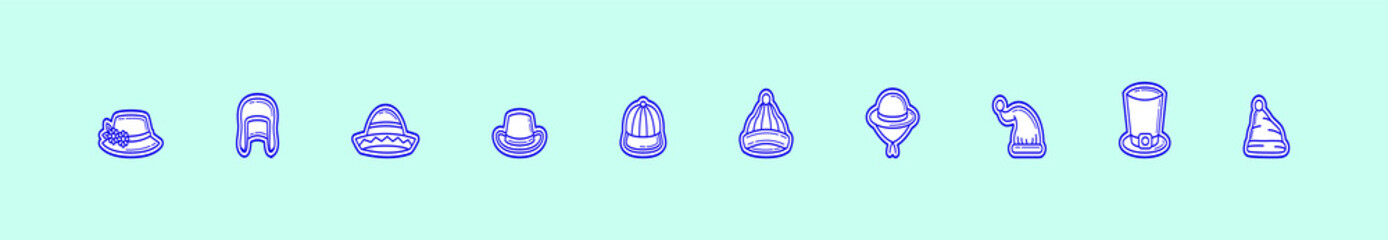 set of various bonnets isolated on blue, vector