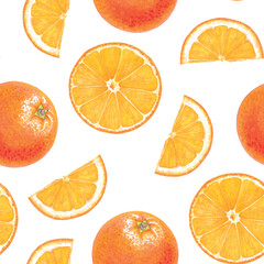 Orange mandarin tangerine with leaves hand drawn watercolor seamless pattern