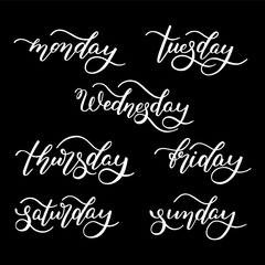 Fototapeta na wymiar Lettering days of the week - Monday, Tuesday, Wednesday, Thursday, Friday, Saturday, Sunday. Handwritten words for calendar, weekly plan, organizer.