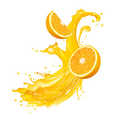 Orange juice splash with fresh oranges. Vector illustration. 