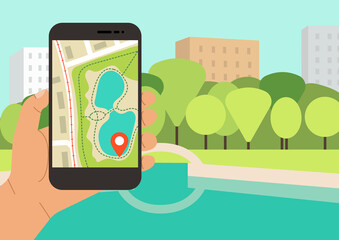 Gps navigation app on smartphone. Hand holds mobile phone with map, on background landscape with park, pond and city buildings. Telephone isolated. Tracking system. Vector illustration, flat design.