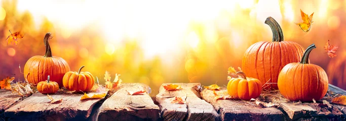 Foto op Plexiglas Pompoenen op oude plank bij zonsondergang - herfst- en oogsttafel © Romolo Tavani