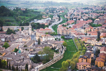 aerial view of the city of Spoleto photographed from the highest point of the city where its castle stands