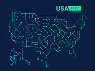 Abstract futuristic map of Usa. Electric circuit of the country. Technology background. 
