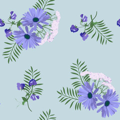 Seamless vector illustration with gerberas, sweet pea and leaves on a blue background.