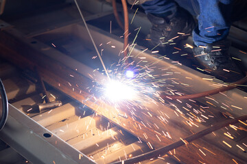 Worker,welding in a car factory with sparks, manufacturing, industry