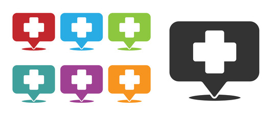 Obraz premium Black Medical map pointer with cross hospital icon isolated on white background. Set icons colorful. Vector Illustration.