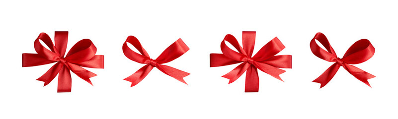 A collection of red ribbon bows for Christmas, birthday and valantines presents isolated against a white background