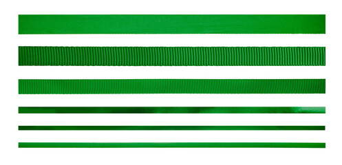 A set of straight green ribbons of different sizes and designs for Christmas and valentines day present wrapping isolated against a white background
