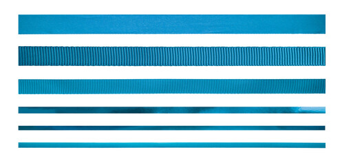 A set of straight blue ribbons of different sizes and designs for Christmas and valentines day present wrapping isolated against a white background