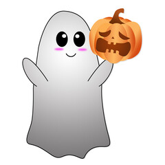 Ghost holding pumpkin .Happy Halloween concept , 3d illustration