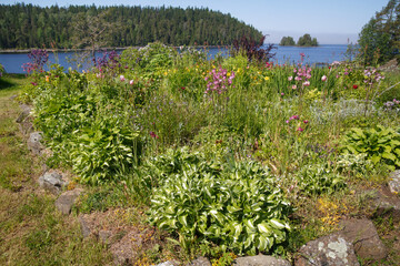 Beautiful flower beds in a picturesque garden by the lake.