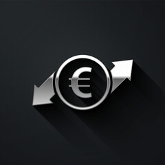 Silver Financial growth and euro coin icon isolated on black background. Increasing revenue. Long shadow style. Vector Illustration.