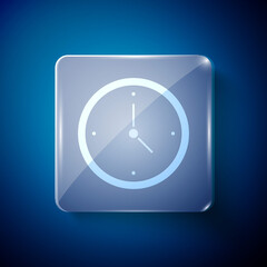 White Clock icon isolated on blue background. Time symbol. Square glass panels. Vector Illustration.
