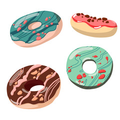 Several donuts in different positions. Side, top, three-quarter view. Vector illustration of bright sweet buns isolated on white background. Donuts with chocolate, nut crumbs and berry syrup.