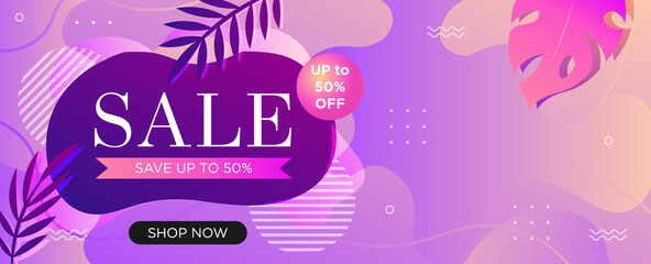 Super sale web banner template for social media promotions. Special 50% discount offer poster, vector illustration with copy space