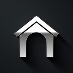 Silver Dog house icon isolated on black background. Dog kennel. Long shadow style. Vector.