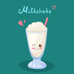 Kawaii Milkshake vector character isolated on dark background. Funny smiling sweet milky drink with foam. Cute food mascot illustration with lettering. Cafe menu, greeting card, fabric print design.