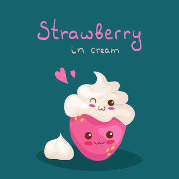 Kawaii Strawberry with Whipped Cream vector characters isolated on dark background. Funny & smiling sweet dessert. Cute food mascot illustration with lettering. Menu, greeting card decoration.