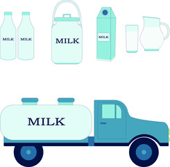 Vector on the theme of milk. A set of bottles, a pack, a glass and a jug for milk, a milk tanker, a can. Pictures on a white background.