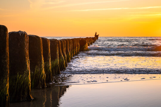 Wooden poles at the beach at golden sunset. Wave breaker pole heads in ocean water waves.