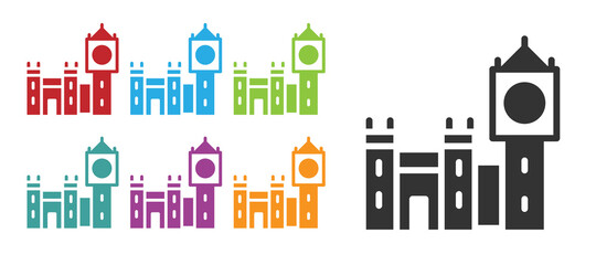 Obraz premium Black Big Ben tower icon isolated on white background. Symbol of London and United Kingdom. Set icons colorful. Vector.