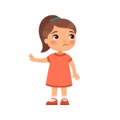 Displeased little girl shows refusal gesture. Naughty child, bad behavior. Child psychology. Cartoon character isolated on white background. Flat vector color illustration.