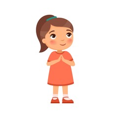 Little girl smiles and lifts up his eyes and hands in prayer. Concept of religion, prayer and Christianity. Cute cartoon character isolated on white background. Flat vector color illustration.