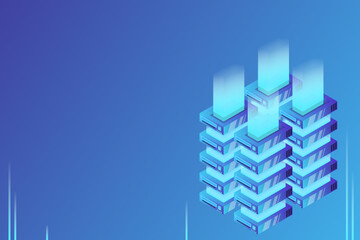 Server room isometric vector, futuristic technology of data protection and processing, networking and web hosting banner, input output data flow