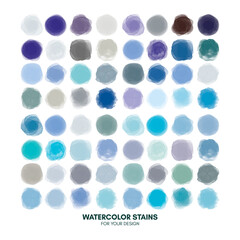 Set of colorful watercolor hand painted round shapes, stains, circles, blobs isolated on white. Illustration for artistic design