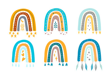 Collection vector adorables rainbows in trendy scandinavian style. Cute simple illustrations rainbow for design childish birthday invitation or baby shower, poster, clothing, nursery wall art and card
