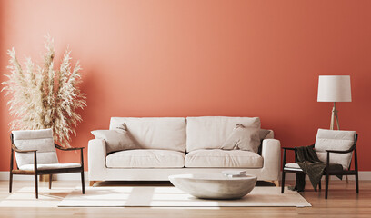 Red room interior, living room interior mockup, empty red wall, 3d rendering © Oleksandr