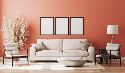 Blank three poster frames mock up in red room interior , 3d rendering