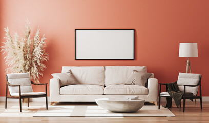 Blank picture frame mock up in red room interior , 3d rendering