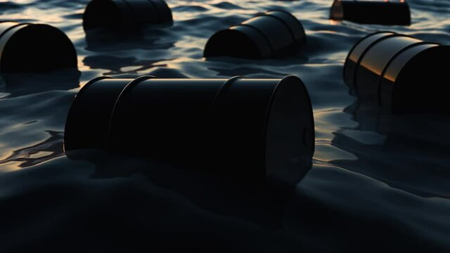 Toxic Waste Barrels Swims in Dark Water. Concept Ecology and Earth. Hazardous Barrels on Wave in Open Sea Illustrates Pollution of Environment by Oil Spills. 3d Animated Ecological Accident Close-up