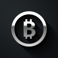 Silver Cryptocurrency coin Bitcoin icon isolated on black background. Physical bit coin. Blockchain based secure crypto currency. Long shadow style. Vector.