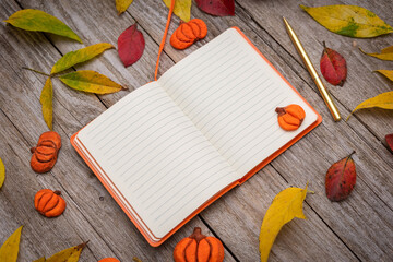 A small notebook lies on a wooden table with autumn leaves.