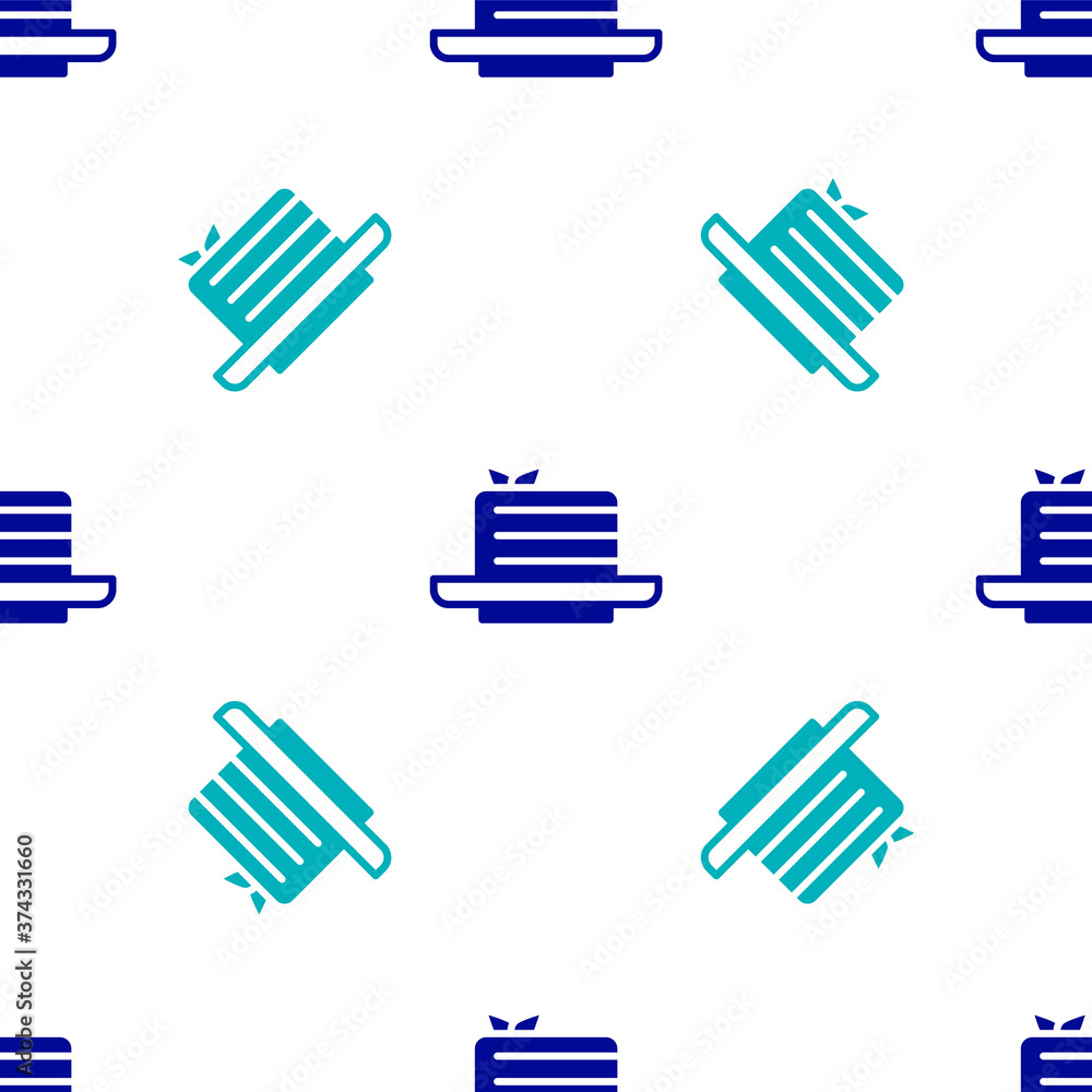 Poster Blue Medovik icon isolated seamless pattern on white background. Honey layered cake or russian cake Medovik on plate. Vector.