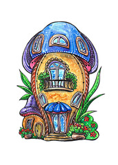 Cartoon mushroom. Illustration.Fairy mushroom house.For kids.Watercolor painting.Hand drawing. Colorful picture.Artwork.