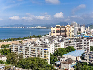 Panorama view of sea and Sanya city on Hainan island, China