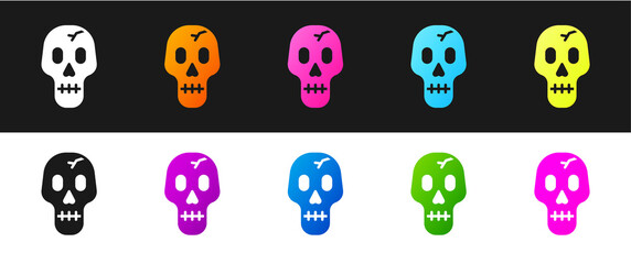 Set Skull icon isolated on black and white background. Happy Halloween party. Vector.